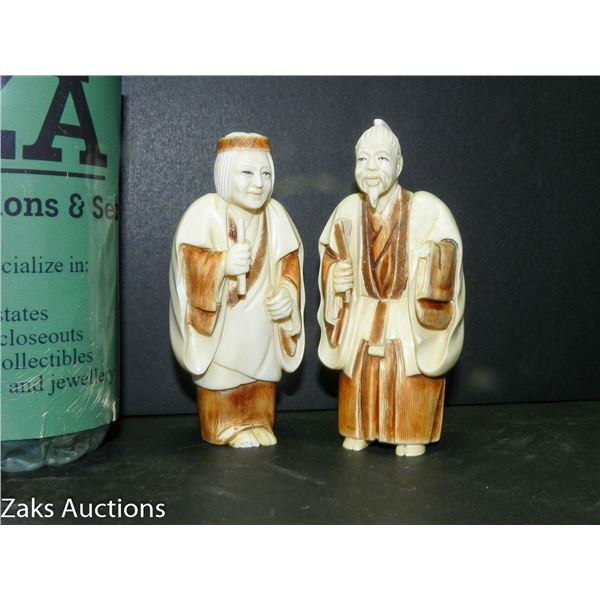 Lot of 2 Signed Antique Asian Wisemen Statues