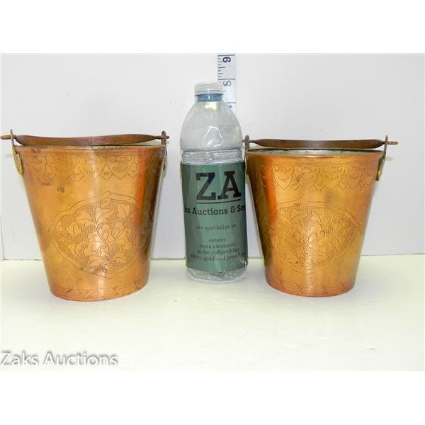 Set of 2 Vintage Copper Bucket Planters Embossed Design with Copper Handle