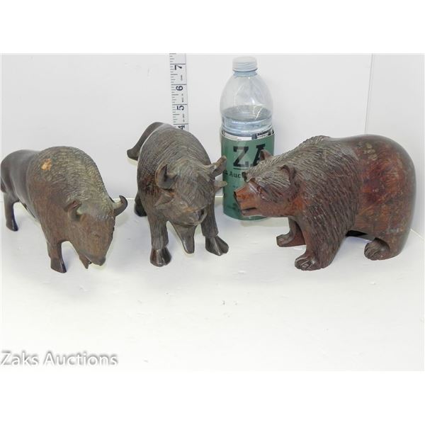 Set of 3 - Ironwood Indigenous Handcarved Bison, Grizzly and Yak