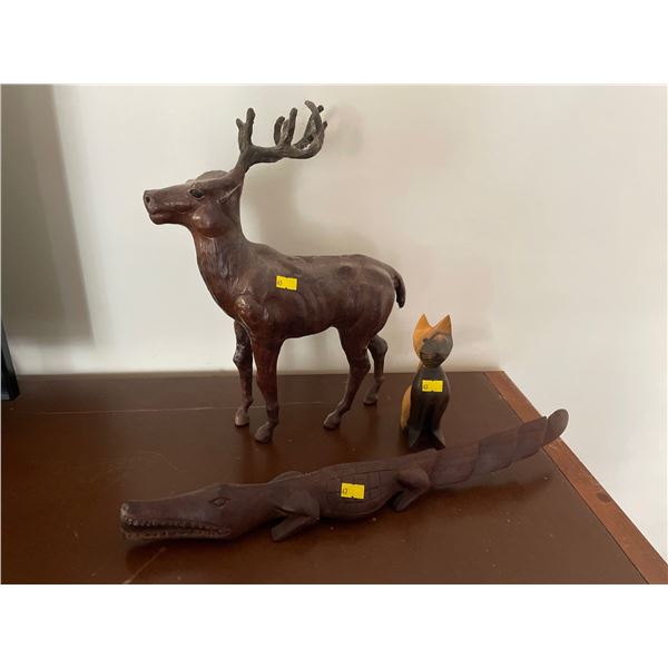 Assorted Collection Of Animal Decor - Leather Stag & Wooden Handcrafted Alligator & Kitty