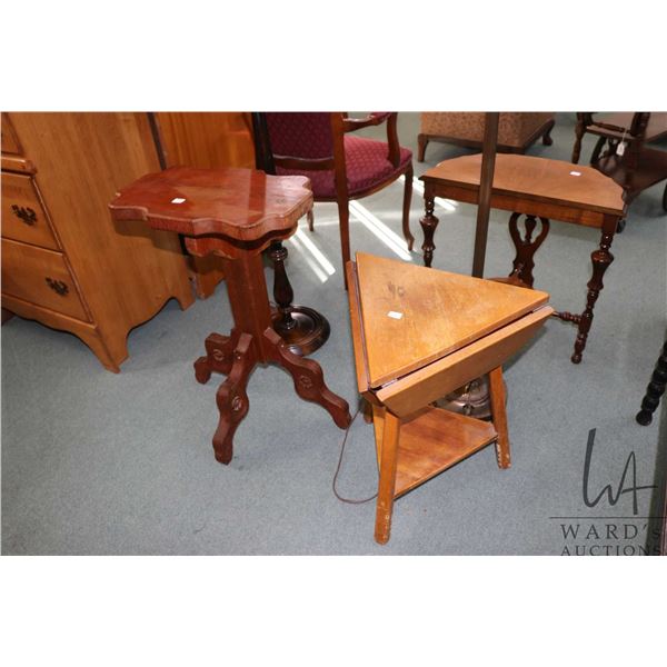 Two unusual occasional tables including three legged triangular drop leaf, 22" in height and shop ma