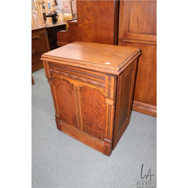 Antique quarter cut oak sewing machine cabinet, no sewing machine, 30  X 24  X 17 