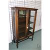 Image 1 : Antique two door, quarter cut oak display cabinet with Tudor style turned supports and original key,