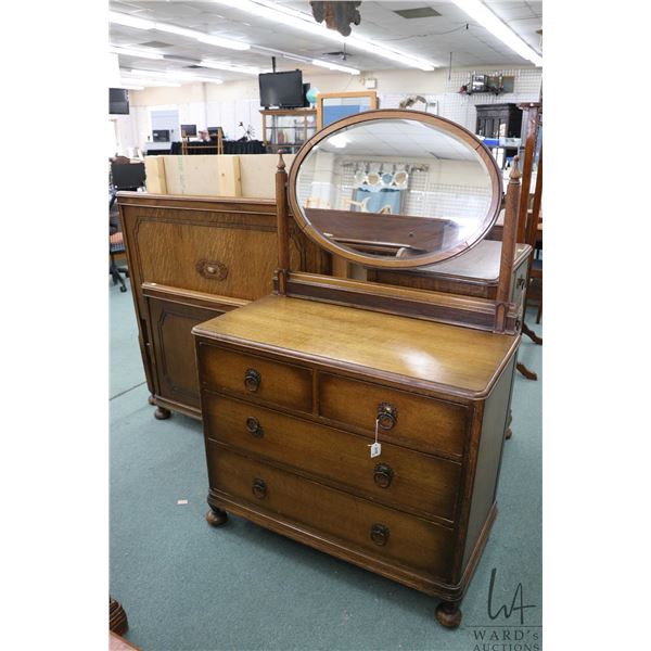 Antique oak bedroom suite including headboard, footboard and 47" wide metal frame, five drawer highb