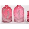 Image 2 : Four antique cranberry "Mary Gregory" dresser pieces including two perfumes with mismatched stoppers