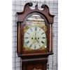 Image 2 : Antique grandfather clock in mahogany case with hand painted metal face, Roman numerals, calendar an