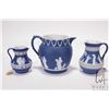 Image 1 : Three cobalt jasperware jugs including Wedgwood 6 1/4" circa 1896, Wedgwood 4 1/2 circa 1901 and 5 1