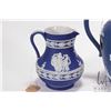 Image 2 : Three cobalt jasperware jugs including Wedgwood 6 1/4" circa 1896, Wedgwood 4 1/2 circa 1901 and 5 1