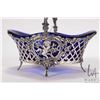 Image 2 : Pierced 800 silver pierce work and repousse handled and footed basket with cobalt glass liner circa 