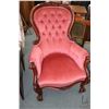 Image 1 : Antique Victorian style button tufted closed arm parlour chair with decorative show wood and scroll 