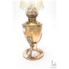 Image 2 : Vintage/ antique oil lamp with etched glass shades and clear hurricane, 19" from base to top of hurr