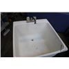 Image 2 : Plastic laundry tub with legs and attached faucet with hoses. NOTE: This Lot Is Not Available For Sh