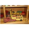 Image 2 : Shelf lot of vintage stamped tin toys including a crane and trucks, some marked Made by Lincoln