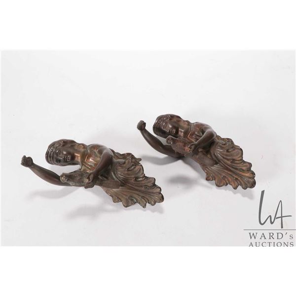 Antique bronze ladies with bird adornments, kite marks on back, 1872, each 5 1/2  in height