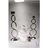 Image 1 : Selection of decorative decor including two aluminum candlesticks, 33" and 28" and a glazed art pott