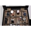 Image 2 : Glass topped wooden watch box containing twelve assorted men's watches plus a boxed Roots watch, all