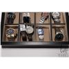 Image 3 : Glass topped wooden watch box containing twelve assorted men's watches plus a boxed Roots watch, all