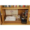 Image 1 : Shelf lot of linen including boxed Irish linen, boxed table knives, horn steak knives, carving set e