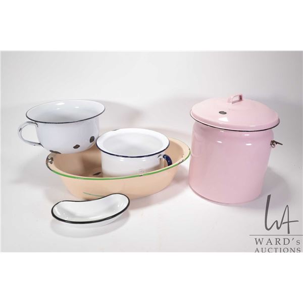 Selection of vintage enamel ware including lidded pink pot, two commodes and a bone tray and an oval