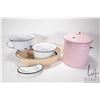 Image 1 : Selection of vintage enamel ware including lidded pink pot, two commodes and a bone tray and an oval