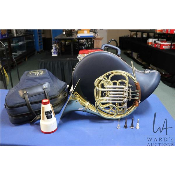 German made "Meister Hans Hoyer" model 602 French horn in fitted harcase with four mouthpieces inclu