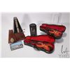 Image 1 : Two miniature cased violins and a Swiss metronome, note: no front cover catch and a boxed Horner Poc
