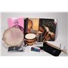 Image 1 : Tray lot of music items including Violin and Cello books, tamboreen, bongo drum, plus a boxed saxoph