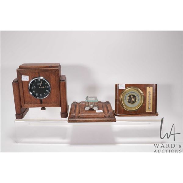 Oak cased, Art Deco Jaeger mantle clock 8" in height, Art Deco oak pen holder with glass ink well an