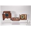 Image 1 : Oak cased, Art Deco Jaeger mantle clock 8" in height, Art Deco oak pen holder with glass ink well an