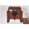 Image 2 : Oak cased, Art Deco Jaeger mantle clock 8" in height, Art Deco oak pen holder with glass ink well an