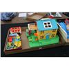 Image 3 : Two trays with a large selection of Fisher Price Little People including Firehose/ market/ post offi