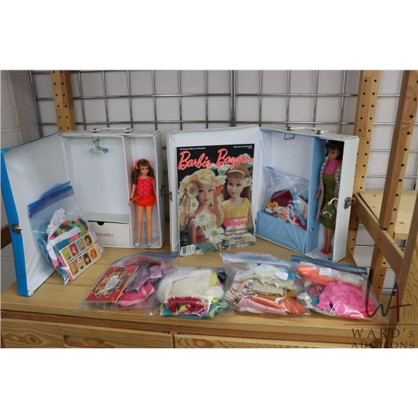 Two vintage Barbie dolls including 1969 Skipper doll with branded clothing and Barbie doll case and 