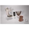 Image 1 : Three handmade animal clay sculptures including bear on Raku base signed by artist L.W., 12" in heig