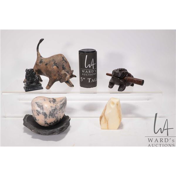 Selection of collectible figures including cast bull 9" in length, foo dog, wooden frog figure, ston