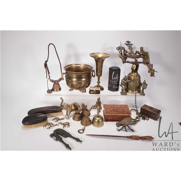 Selection of collectible brass including fly motif trinket box, wall mount bells, elephants, figures