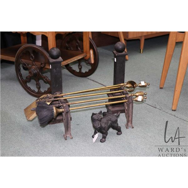 Selection of metalwares including cast Scottie dog door stop, antique andirons and brass companion s