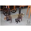 Image 1 : Selection of metalwares including cast Scottie dog door stop, antique andirons and brass companion s