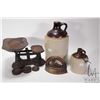 Image 1 : Selection of primitive collectibles including two stoneware jugs, sadiron with handle and a balance 