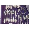 Image 2 : Tray lot of sterling silver and crystal including spoons, napkin rings, boxed coffee spoons, 9" diam