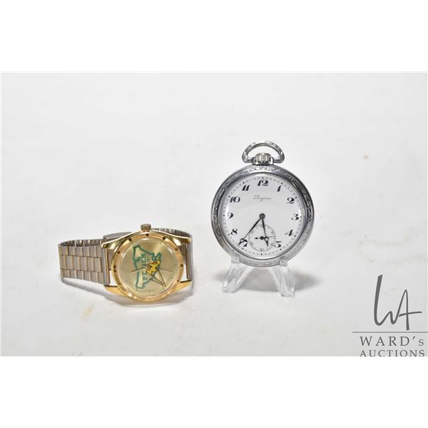 Two watches including 17 jewel Longines pocketwatch & PE Ben Co. wrist watch. Both working at time o