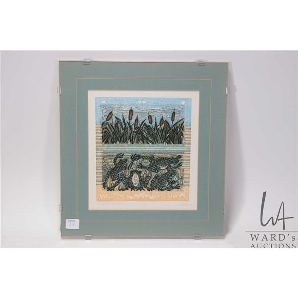 Matted glass framed lino cut print titled "Frogs and Rushes" by artist H.(Helen D.) Mackie, 1/40, ov