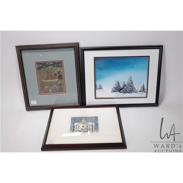 Three framed artworks including limited edition block cut print of a church in winter, original wate