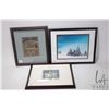 Image 1 : Three framed artworks including limited edition block cut print of a church in winter, original wate