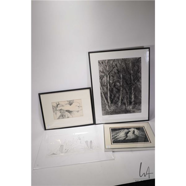 Four prints including three framed,  Cascade Mountain  by M. Shelton, female nude, smoky trees and u