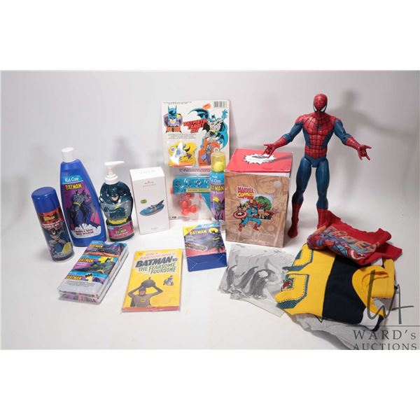 Selection of Spiderman & Batman collectibles including 13" Spiderman, T-Shirts, handsoap, bubble bat