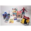 Image 1 : Selection of Spiderman & Batman collectibles including 13" Spiderman, T-Shirts, handsoap, bubble bat