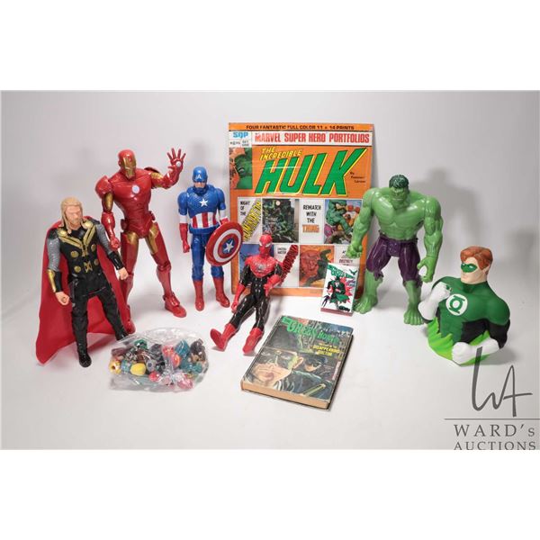 Selection of figurines including Iron Man, Spiderman, Captain America, Thor, The Hulk and The Green 