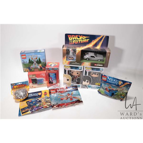 Selection of collectible toys including Lego Knights, Lego Creator, Back to the Future car & figure 