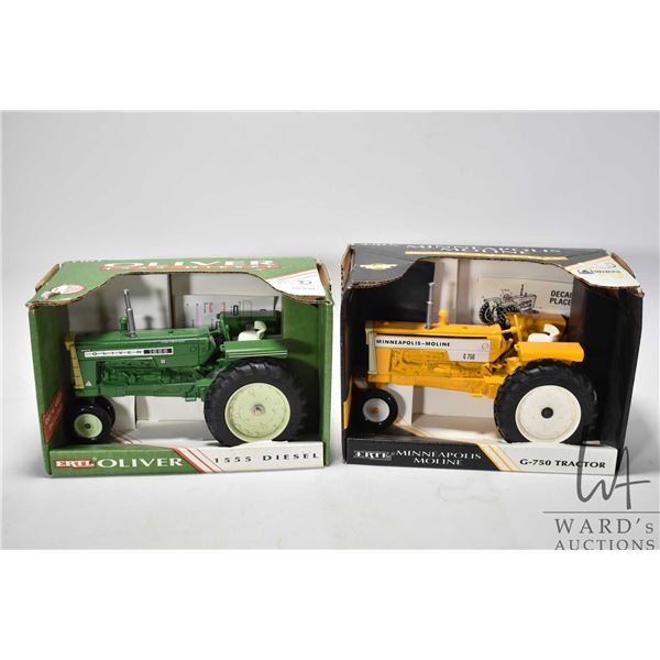 Two 1:16 scale Ertl die cast toys including Oliver 1555 Diesel and Minneapolis Moline G-750 tractor