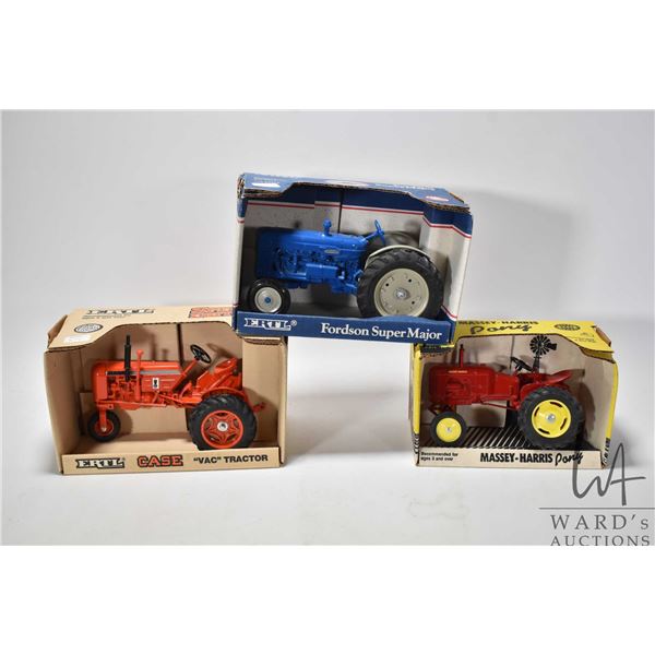 Three Ertl 1:16 scale die cast toys including Case "Vac" Tractor, Massey-Harris Pony and Fordson Sup